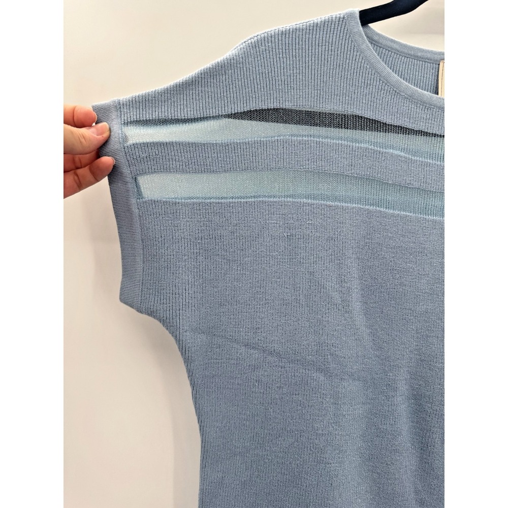 Sioni Blue Short Sleeve Knit Sweater Medium Stretch Sheer Mesh Inlay Cottagecore - Picture 3 of 12